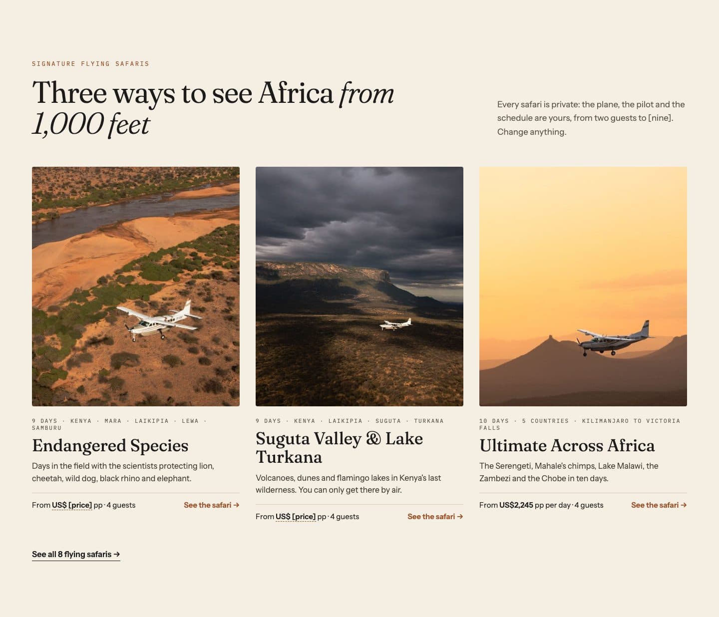 Three signature safari cards with aerial photographs
