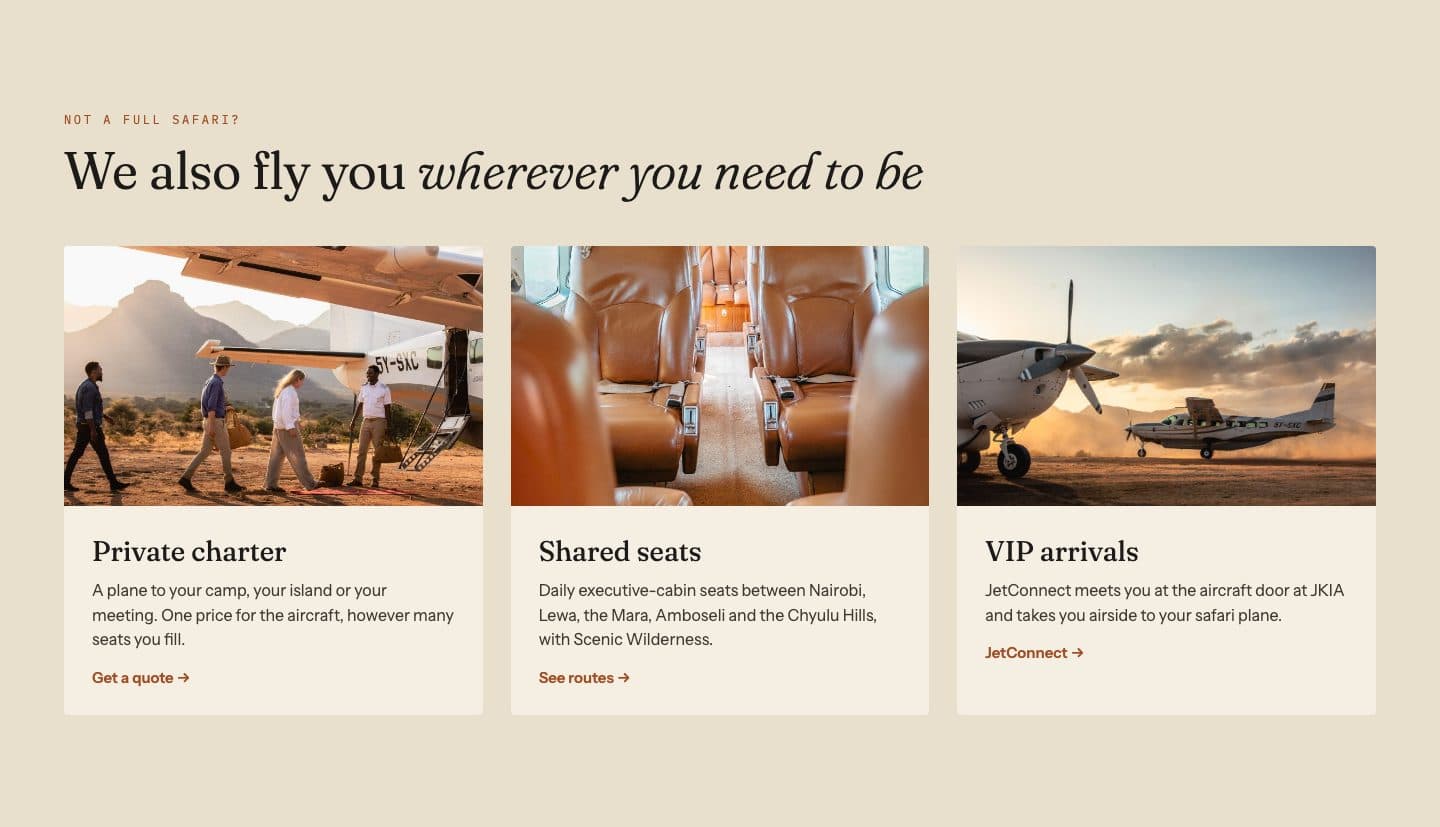 Three tiles for charter, shared seats and VIP arrivals