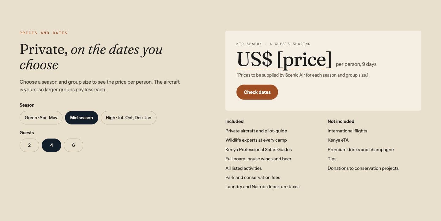 Price picker by season and group size