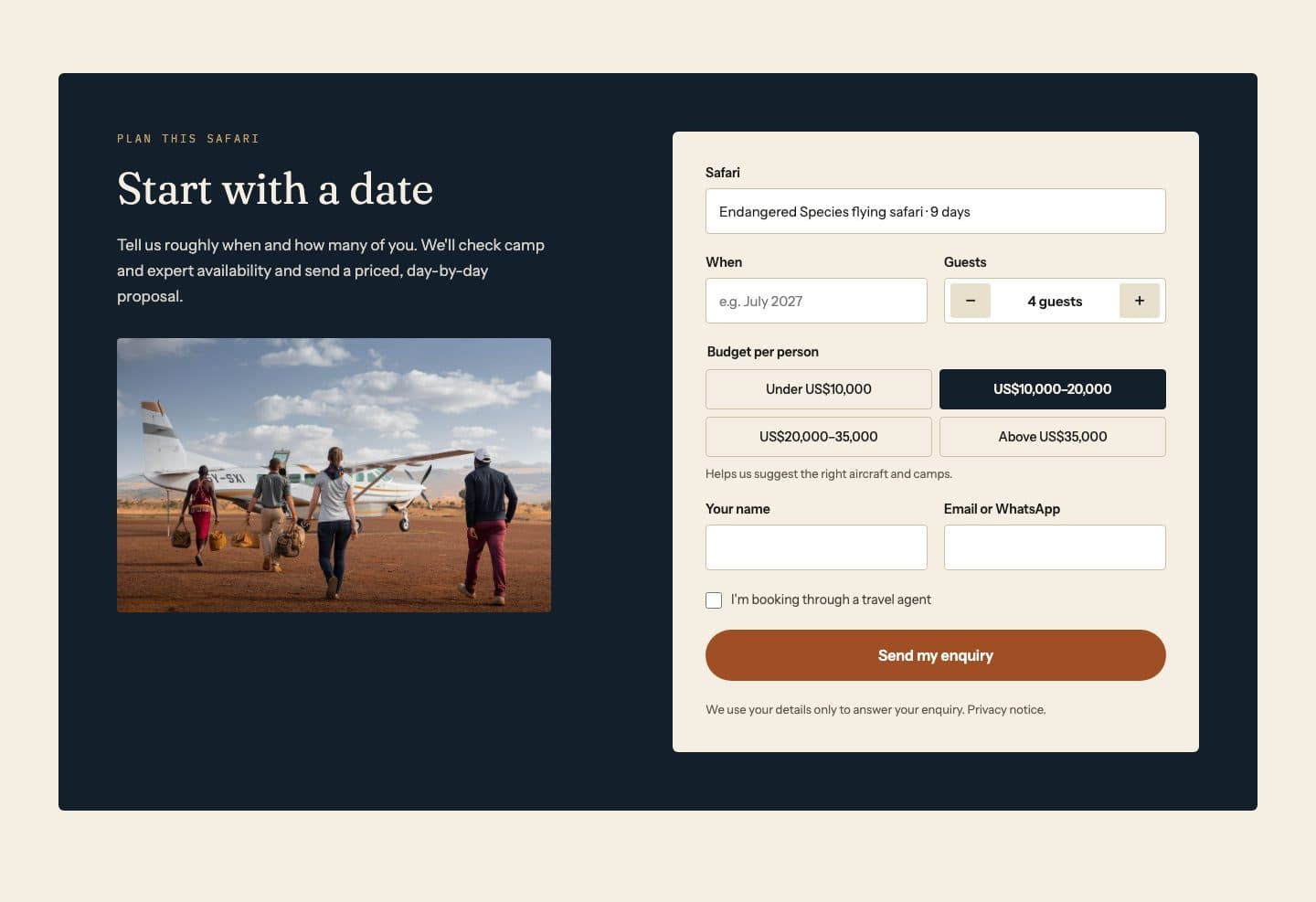 Enquiry form pre-filled with the safari
